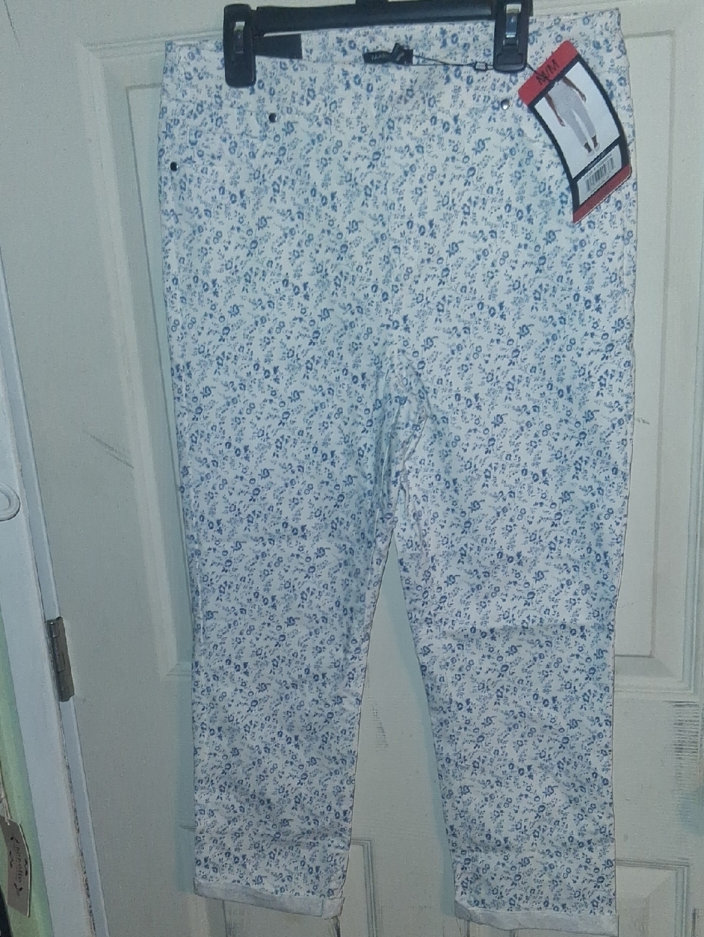 Mario Serrani White Pants with Blue Floral Pattern